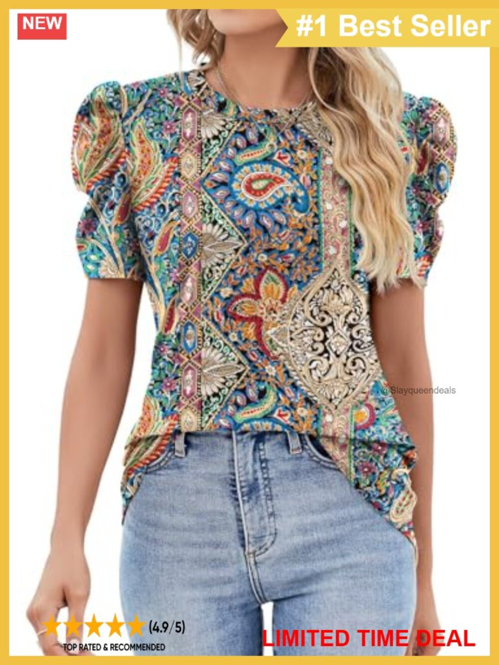 Womens Puff Short Sleeve Eyelet Blouse Crewneck Loose Fit Summer Top